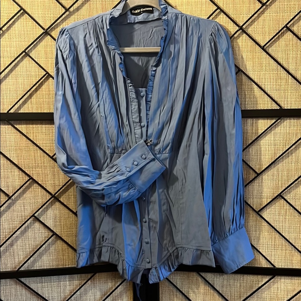 Scarlett Darkness Detailed Puffed Sleeve Corseted Women’s Blue Blouse Large